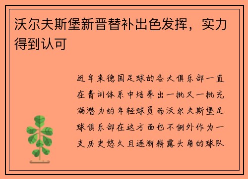 沃尔夫斯堡新晋替补出色发挥，实力得到认可