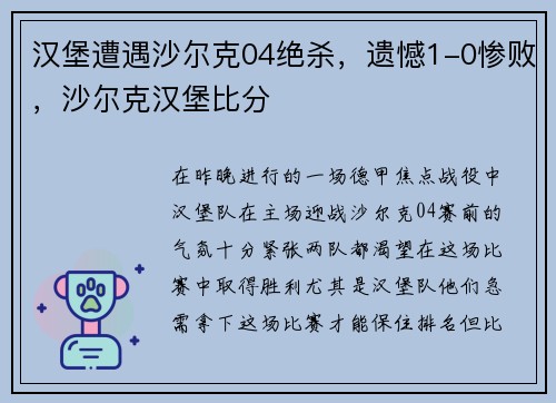 汉堡遭遇沙尔克04绝杀，遗憾1-0惨败，沙尔克汉堡比分