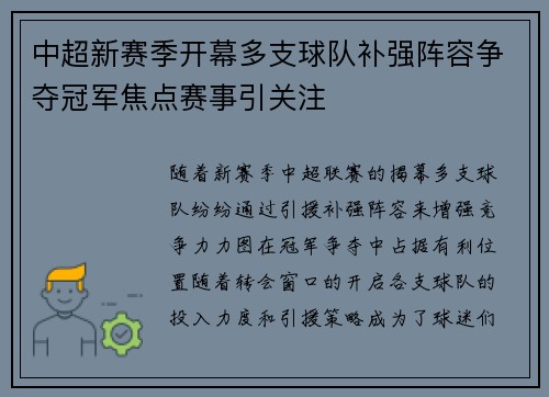 中超新赛季开幕多支球队补强阵容争夺冠军焦点赛事引关注 中超新赛季开幕多支球队补强阵容争夺冠军焦点赛事引关注