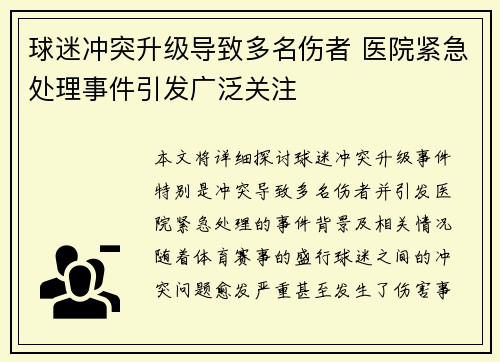 球迷冲突升级导致多名伤者 医院紧急处理事件引发广泛关注 球迷冲突升级导致多名伤者 医院紧急处理事件引发广泛关注